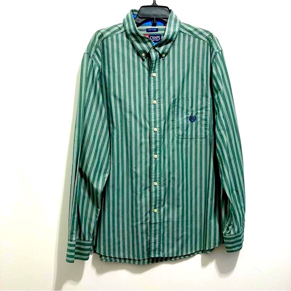Chaps Easy Care Long Sleeves Oversized Striped Green & White Button Down Shirt - Picture 1 of 7